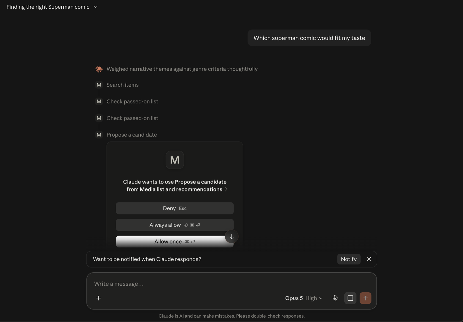 claude.ai calling the MCP tools: search, two passed-on checks, then asking permission before it can stage anything
